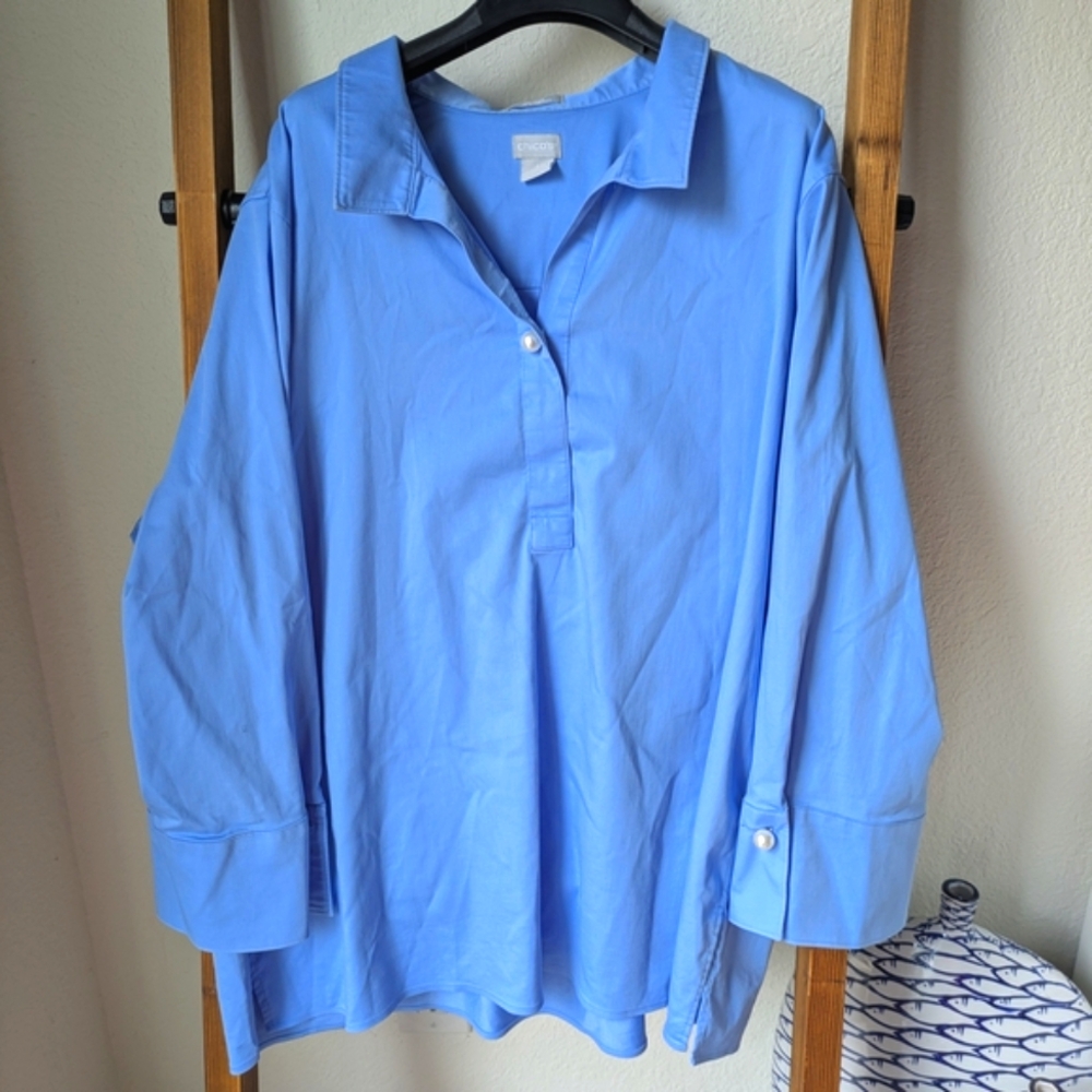 Chico's Sky Blue Button Down Shirt With Faux Pearl Buttons - Size Chico's 4